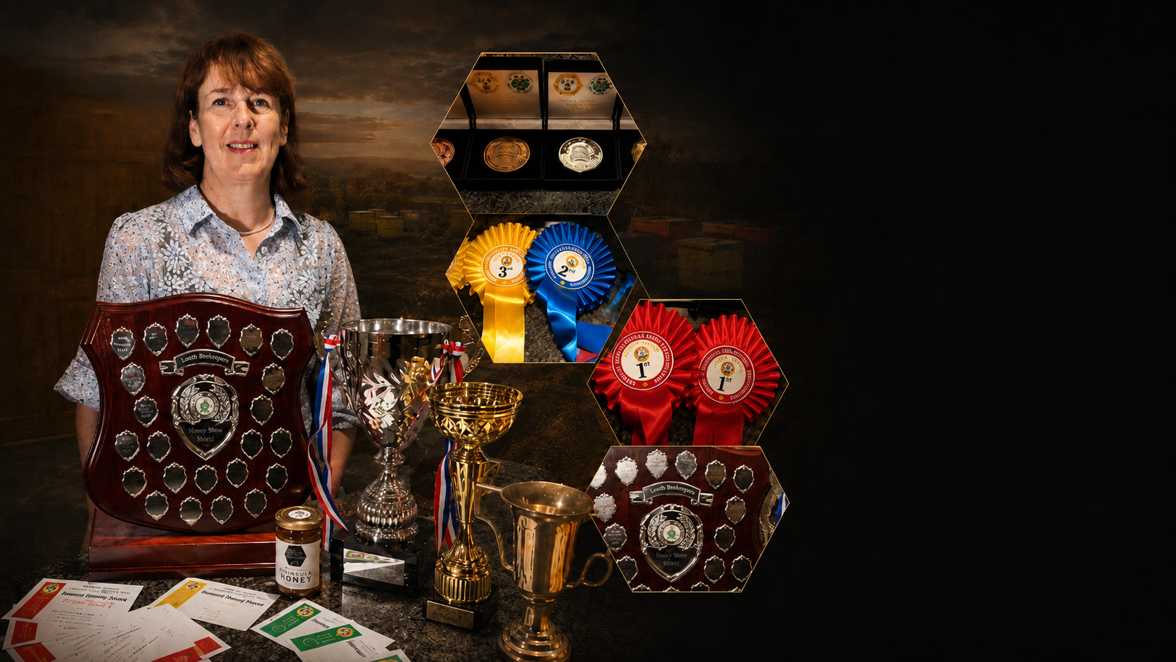 Niamh, the Peninsula Honey beekeeper, with her beekeeping trophies, rosettes and medals