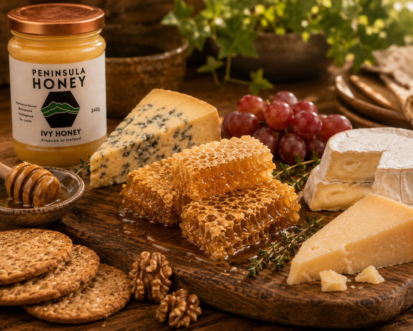 Honeycomb on a board with cheese and Peninsula Honey